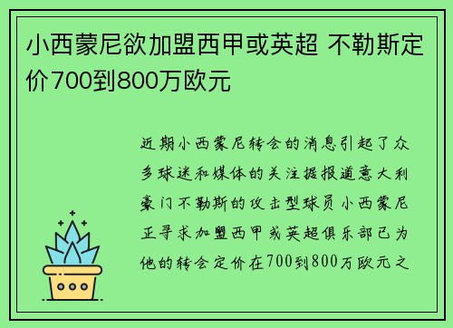 小西蒙尼欲加盟西甲或英超 不勒斯定价700到800万欧元