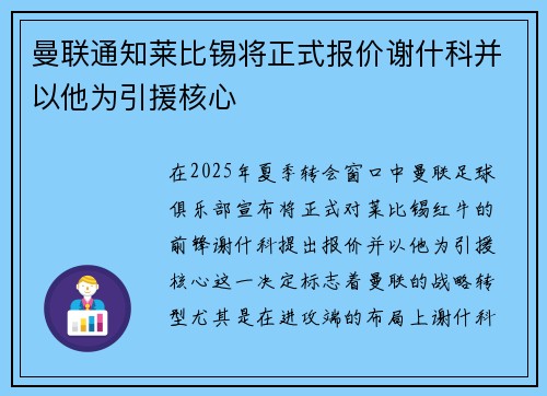 曼联通知莱比锡将正式报价谢什科并以他为引援核心