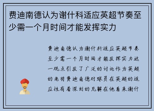 费迪南德认为谢什科适应英超节奏至少需一个月时间才能发挥实力