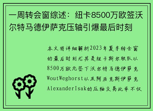 一周转会窗综述：纽卡8500万欧签沃尔特马德伊萨克压轴引爆最后时刻